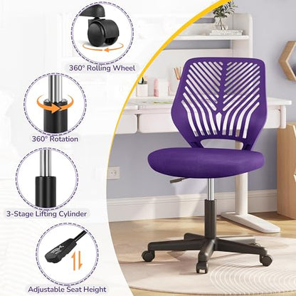 Yaheetech Student Desk Chair, Low-Back Armless Study Chair with Lumbar Support, Adjustable Swivel Office Chair for Home Bedroom School, Purple - color: Purple