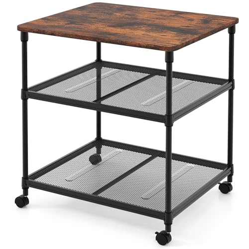 Giantex Printer Stand, 3-Tier Industrial Printer Cart with Lockable Wheels, Adjustable Shelves, Metal Frame, Mobile Under Desk Shelf for Home Office, Printer Table Fit Fax Machine, Scanner (Brown) - color: Brown, size: 24"x20"x27.5"