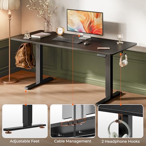 Huuger 63 x 28 Large Electric Standing Desk, Height Adjustable Computer Desk, 27.6" Deep Desktop, Stand up Gaming Office Table with 2 Hooks, 3 Preset Heights, for Home Office, Black - color: Black, size: 63*28 inch (no outlets)