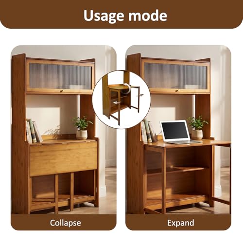 Folding Desk with Storage, Bamboo Foldable Computer Desk for Small Spaces, Small Writing Desk with Shelves for Bedroom Dorm Home Office