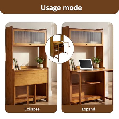 Folding Desk with Storage, Bamboo Foldable Computer Desk for Small Spaces, Small Writing Desk with Shelves for Bedroom Dorm Home Office