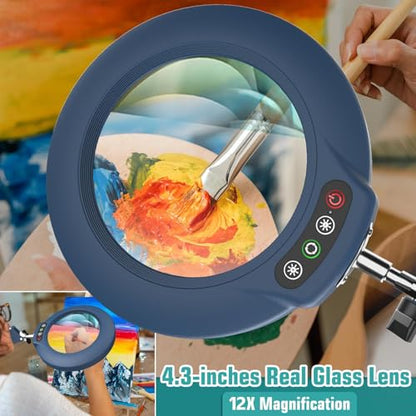 12X Magnifying Glass with Light and Stand, Real Glass Lens (Not Acrylic), 5 Color Modes, Stepless Dimmable, LED 3-in-1 Floor Lamp, Swing Arm with Clamp, Lighted Magnifier Hands Free for Crafts - Blue - color: Blue