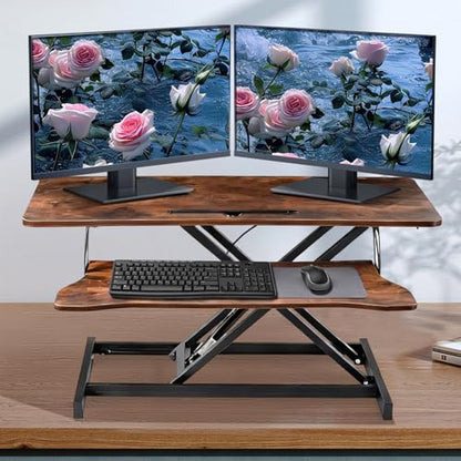 38-inch Standing Desk Converter Height Adjustable Sit to Stand Up Workstation, Duals Monitor and Laptop Riser with Wide Keyboard Tray, for Home, School, Company, Brown - color: Brown