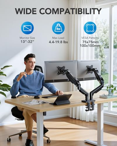 HUANUO FlowLift™ Dual Monitor Stand, Fully Adjustable Gaming Monitor Desk Mount for 13–32″ Computer Screens, Full Motion VESA 75x75/100x100 with C-Clamp & Grommet Base, Each Arm Holds 4.4 to 19.8 lbs - color: Black, size: 13-32 Inch