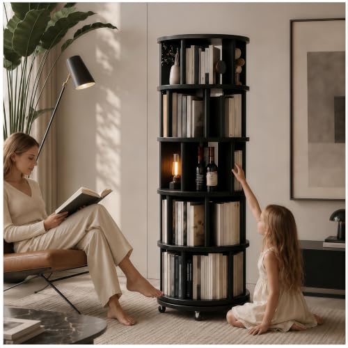Solid Wood Rotating Round Bookshelf Towers with Wheels, Black Revolving Bookcase 5 Tier 360° Wooden Book Shelf tall bookshelves, Narrow Rolling dvd Storage Rack,book storage,space saving(Black - color: Black, size: 5 Tier, 66.1"H