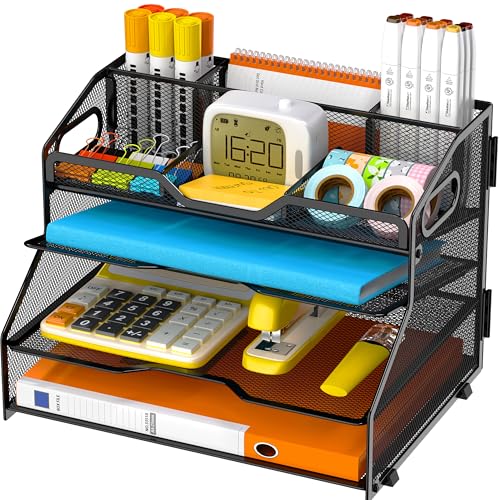 4 Tier Metal Desk Organizer with Magazine File Holder, Black