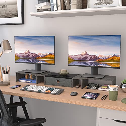 WESTREE Triple Dual Monitor Stand Riser with Drawer,Extra Large Adjustable for 2~3 Monitors,Solt for Phone & Tablet, Desktop Organizer Stand for Computer,Laptop,Printer,TV - size: Large-grey