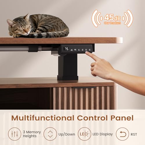 SEDETA Fluted L Shaped Executive Electric Standing Desk with 4 Drawers | 69" x 55" Height Adjustable Office Desk with Storage Shelves, Power Outlet, Sit Stand Computer Desk, Brown - color: Brown