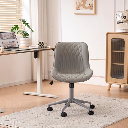 YOUNIKE Faux Leather Office Desk Chair Comfy Vanity Chair Armless Grey | Ergonomic Upholstered Rocking Back, Swivel with Wheels, Height Adjustable, Modern Task Chair For Computer Sewing Drafting - color: All Grey