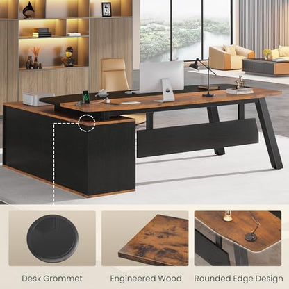 SEDETA 71" L Shaped Executive Desk with File Cabinet & Power Outlet - color: Brown