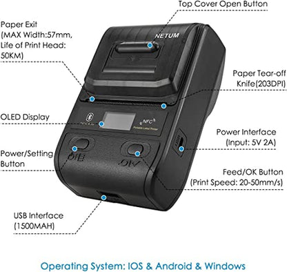 NETUM Label Maker - Bluetooth Thermal Label Printer Portable Barcode Printer Apply to Clothing, Jewelry, Retail, Mailing, Barcode, Compatible for Android & iOS System