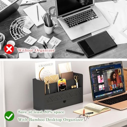 Wisuce Bamboo Mail Organizer with Drawer, Countertop Desk Organizer(Black) | Made from Natural Bamboo Multi-Compartment Design Built-In Drawer No Assembly Required - color: 1 Black