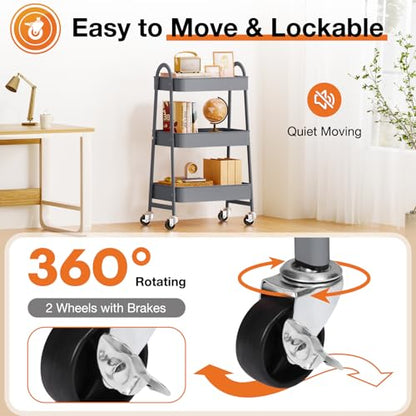 NEWBULIG 3-Tier Metal Rolling Cart with Lockable Wheels, Heavy Duty Mobile Utility Storage Shelf, Roller Book Snack Cart, Grey - color: Gray, size: 3 Shelves