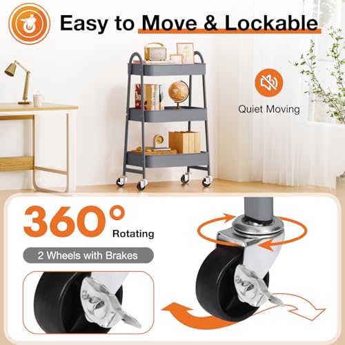 NEWBULIG 3-Tier Metal Rolling Storage Utility Cart with Lockable Wheels - color: Gray, size: 3 Tier