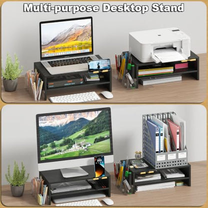 TEAMIX 2 Tiers Wood Monitor Stand Riser with Phone Holder & Side Pen Holder - color: Black, size: 15.7 x 9.5 x 5.7 inches