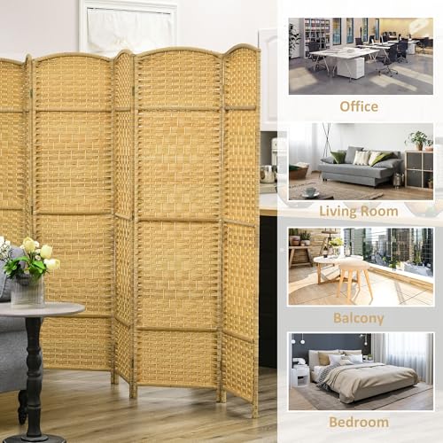 HOMCOM 6 Panel Room Divider, 6' Tall Folding Privacy Screen, Hand-Woven Freestanding Wall Partition for Home Office, Bedroom, Nature Wood - color: Natural Wood, size: 6 Panel