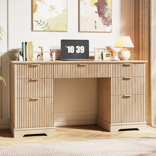 Vabches 59" Fluted Desk with Storage Drawers for Home Office, Oak | Executive Desk, Wood Computer Desk, Adjustable File Drawers,for Study, Living Room, Bedroom - color: Oak, size: 59" W
