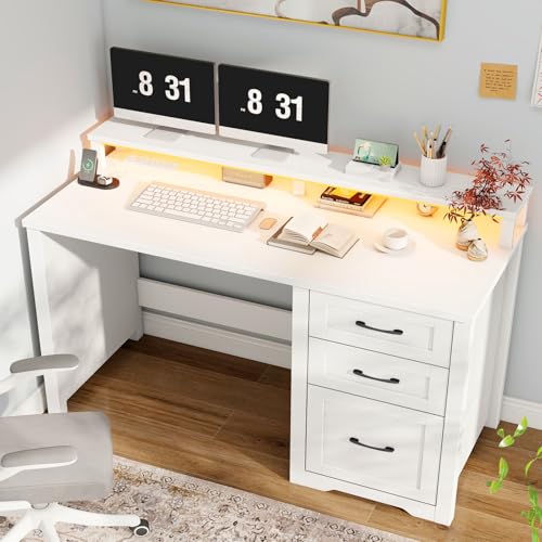 Vabches 47" Farmhouse Executive Desk with 3 Drawers and LED Lights, White - color: White, size: 3 Drawers & Monitor Stand
