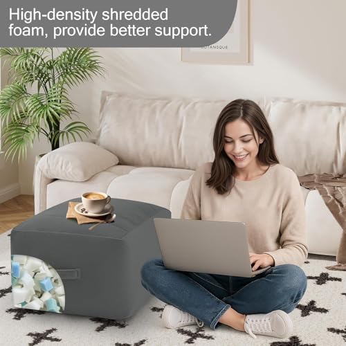 MeMoreCool Square Stuffed Pouf Ottoman Foot Rest, Floor Pouf Foot Stool with Foam Chunk Filling, Soft Stuffed Ottoman Footrest for Living Room, Dark Grey - color: Striped Dark Grey