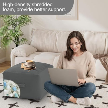 MeMoreCool Square Stuffed Pouf Ottoman Foot Rest, Floor Pouf Foot Stool with Foam Chunk Filling, Soft Stuffed Ottoman Footrest for Living Room, Dark Grey - color: Striped Dark Grey