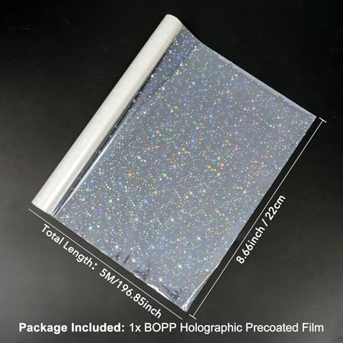 BOPP Holographic Precoated Film 22cm x 5m – Clear Star Pattern Waterproof Thermal Laminating Roll Compatible with Laminators for DIY Paper Crafts, Stickers, Card Making, Photo Protection - color: Clear Star