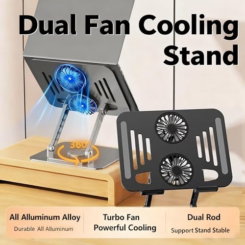 Laptop Stand for Desk with Quiet Cooling Fans - 360 Rotating Base Ergonomic Computer Stand, Aluminum Laptop Riser Foldable Protable for Office Home fits MacBook Air Pro, Dell, HP (10-17.3'') (silver) - color: silver