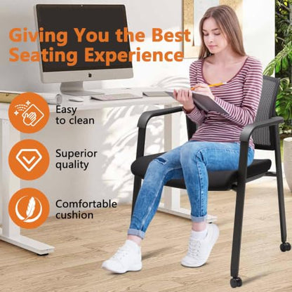 CLATINA Black Waiting Room Chair with Wheels Mesh Back Stacking Arm Chairs with Upholstered Fabric Seat and Ergonomic Lumbar Support for Office School Church Guest Reception, Set of 2