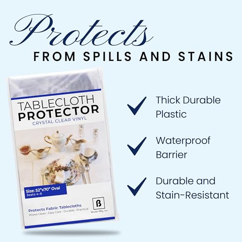 BRODER MFG. INC. Tablecloth Protector Crystal Clear Vinyl (52"x70" Oval) | Thick, Durable Clear Table/Tablecloth Protector | Perfect for Parties, Special Occasions, Gatherings, and Everyday Use - size: 70" x 52" (Oval)