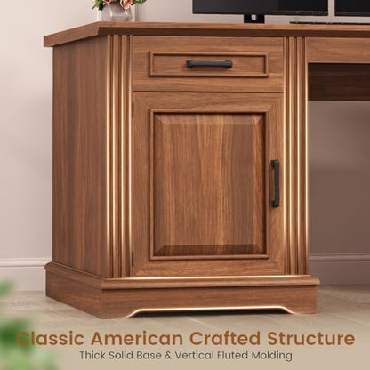 SEDETA Farmhouse Executive Desk, 62'' Home Office Desk with File Drawers, 3Drawer and Storage Cabinet, Computer Desk with Power Outlet for Home Office, Work Study Writing, Walnut - color: Walnut