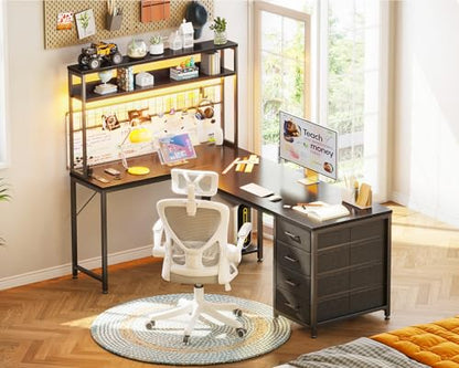 AODK L Shaped Desk Gaming Desk with LED Light & Power Outlet | 59 Inch Black Reversible L Shaped Computer Table with 4 Drawers for Home Office - color: Black, size: 59 Inch