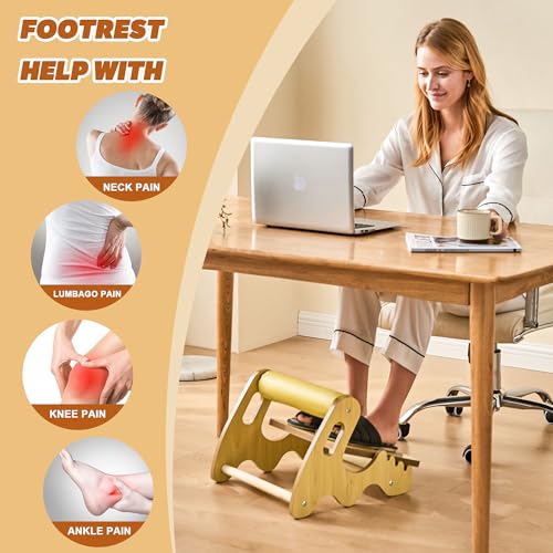 Foot Rest for Under Desk at Work- Adjustable Rocking Foot Stool with 3 Height Positions and Soft Crossbar, Ergonomic Wooden Footrest with Anti-Slip Surface for Home, Office - color: Yellow Maple