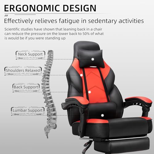 Gaming Chair with Footrest, Massage Lumbar Support, Height Adjustment, and 360° Swivel Seat. Ergonomic Design for Gaming - color: Red