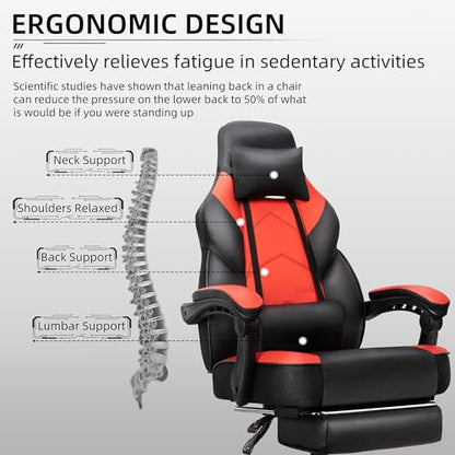 Gaming Chair with Footrest, Massage Lumbar Support, Height Adjustment, and 360° Swivel Seat. Ergonomic Design for Gaming - color: Red