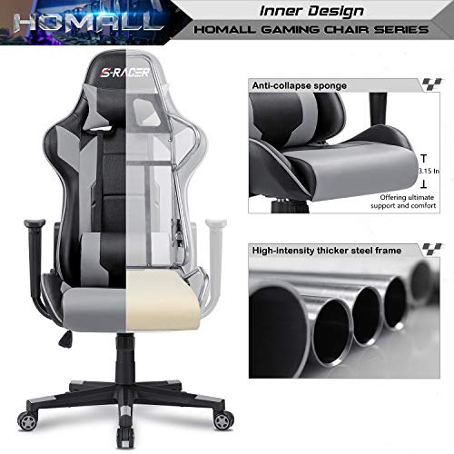 Homall Gaming Chair, Office Chair High Back Computer Chair Leather Desk Chair Racing Executive Ergonomic Adjustable Swivel Task Chair with Headrest and Lumbar Support (Grey) - color: Grey