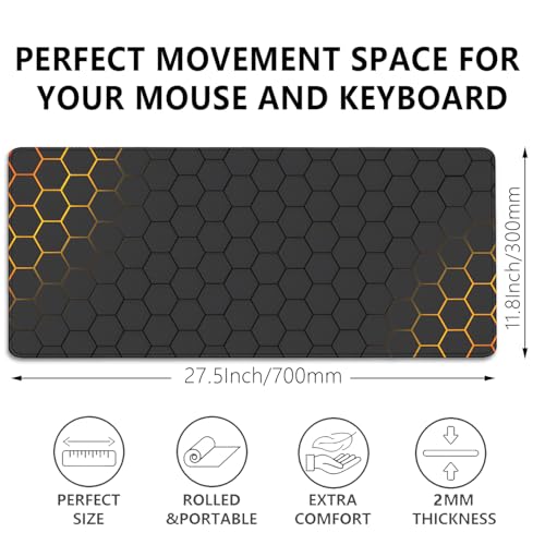 Black Gold Honeycomb Mouse Pad Desk Pad,Extended Gaming Mouse Mat,Stitched Edges Non-Slip Waterproof Rubber Base Mousepad for Office Desk Mat(27.5X11.8 in) - color: Black Gold Honeycomb