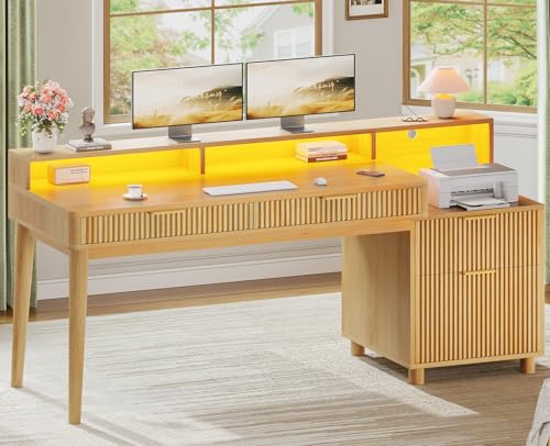 SEDETA 59" Computer Desk with 4 Storage Drawers, Fluted Wood Office Desk with File Drawer, LED Lights and Power Strip, Gaming Table Writing Desk for Home Office, Living Room, Bedroom, Oak - color: Oak