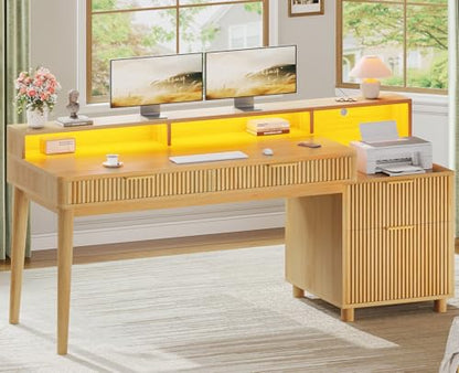 SEDETA 59" Computer Desk with 4 Storage Drawers, Fluted Wood Office Desk with File Drawer, LED Lights and Power Strip, Gaming Table Writing Desk for Home Office, Living Room, Bedroom, Oak - color: Oak