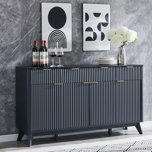 T4TREAM 60 Inch Fluted Buffet Sideboard Cabinet, Dark Grey | Modern Coffee Bar Storage Cabinet With 3 Drawers & 4 Doors, for Dining Room, Living Room, Hallway, Adjustable shelves - color: Dark Grey