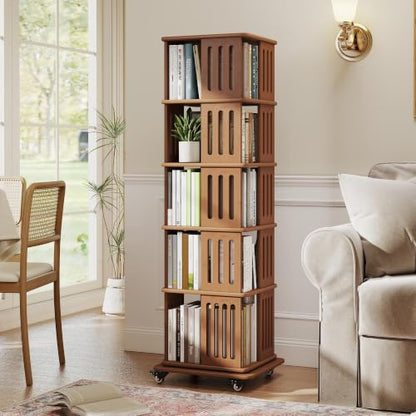 Baoz 60" Tall Rotating Bookshelf Tower, 5 Tier Walnut Spinning Bookcase