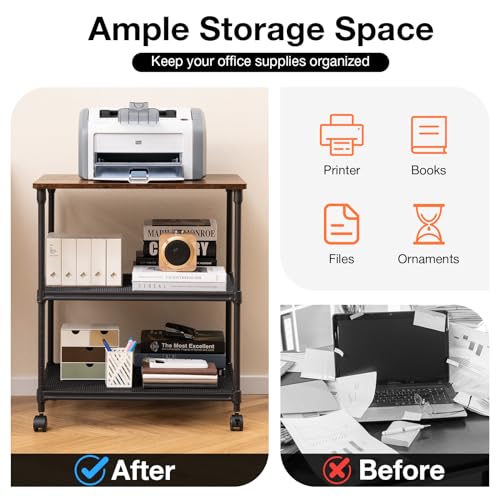 Giantex Printer Stand, 3-Tier Industrial Printer Cart with Lockable Wheels, Adjustable Shelves, Metal Frame, Mobile Under Desk Shelf for Home Office, Printer Table Fit Fax Machine, Scanner (Brown) - color: Brown, size: 24"x20"x27.5"