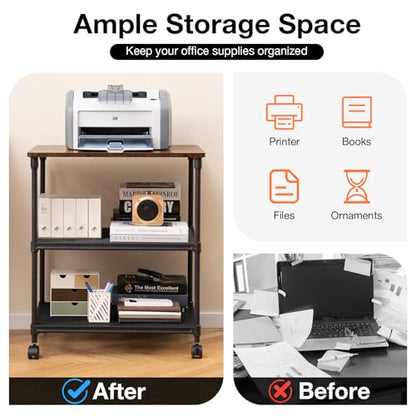 Giantex Printer Stand, 3-Tier Industrial Printer Cart with Lockable Wheels, Adjustable Shelves, Metal Frame, Mobile Under Desk Shelf for Home Office, Printer Table Fit Fax Machine, Scanner (Brown) - color: Brown, size: 24"x20"x27.5"