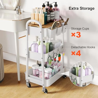 3 Tier White Metal Heavy Duty Rolling Cart with Wheels and Wooden Table Top | Three-Tiered Storage Organizer Utility Cart for Art, Craft, Baby, Diaper Caddy, Coffee, Kitchen, Cleaning, Office Supplies - color: White