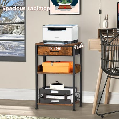 Lerliuo End Table with Fabric Drawer,3 Tier Industrial Wood Side Table with Storage,Modern Tall Printer Stand,Vintage Brown Nightstand,Rustic Bedside Tables for Living Room Bedroom Small Spaces | Three-tier printer stand with fabric drawer and two shelves