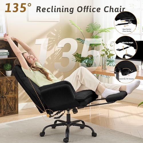 Wider Seat Office Chair with Flip Armrests for Criss Cross Legged&Cats, Big and Tall Executive Ergonomic Reclining Chair with Footrest&Lumbar Pillow, Teddy Fleece Desk Chair,Black Vanity Chair - color: Black