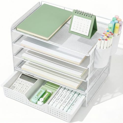 LEKETREE Desk Organizer and Accessories, 5-Tier Paper Letter Tray Organizer with Drawer & 2 Pen Holders for Desktop File Organization, Office Desk Accessories for Supplies Storage (White) - color: White, size: 12" x 8" x 10"