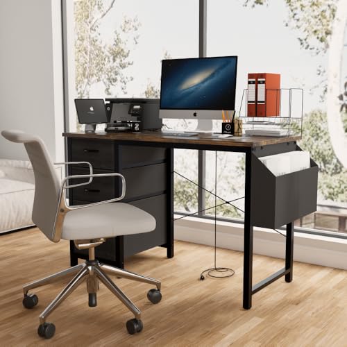 Office Desk with Power Outlet,3drawers and Side Pocket, Easy to Assemble,Frame Stability Reversible for Home Office Study,Rustic Brown