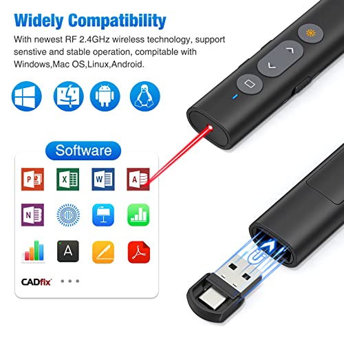 USB C Presentation Clicker with Red Laser, 2-in-1 USB-A/Type-C Receiver - size: Red+AAA