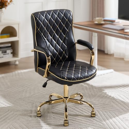 Black and Gold Office Desk Chair,Conference Room Chairs,Mid Back Vintage Executive Leather Chair,Ergonomic Computer Swivel Chair with Rocking Function and Padded Arms,Adjustable Height - color: Black