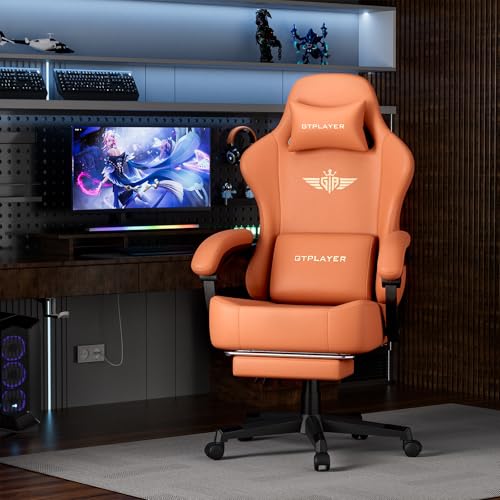GTPLAYER Gaming Chair with Pocket Spring Cushion, Big and Tall Gamings Chairs 350LBS High Back Computer Chair with Footrest for Adults Lumbar Support Swivel Game Chair for Office, Leather Orange - color: Orange