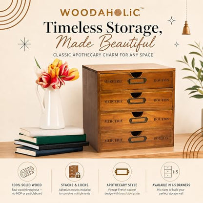 Modular Stackable Apothecary Cabinet 4 Drawer Desk Organizer - Retro Library Card Catalog Wood Storage Box - Organize Stationery, Thread Embroidery, Sewing, Crafts, Junk Drawer & Supplies Countertop - size: 4 Drawer